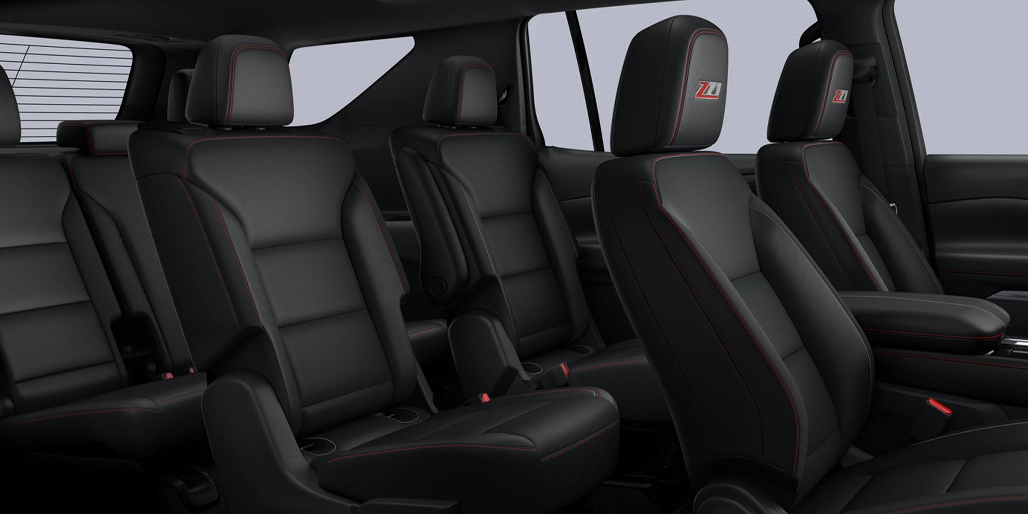 Interior en cuero negro con costuras rojas de la Chevrolet Traverse Z71